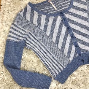 Free People Blue Striped Cropped Button Sweater